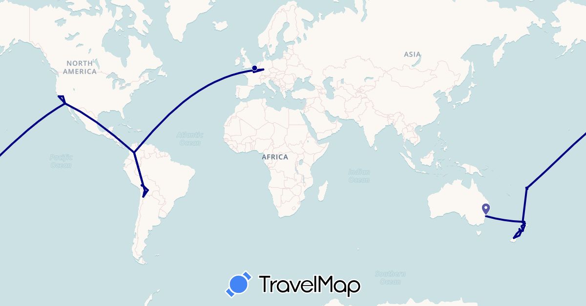 TravelMap itinerary: driving in Australia, Bolivia, Chile, Colombia, Germany, Fiji, France, New Zealand, United States (Europe, North America, Oceania, South America)